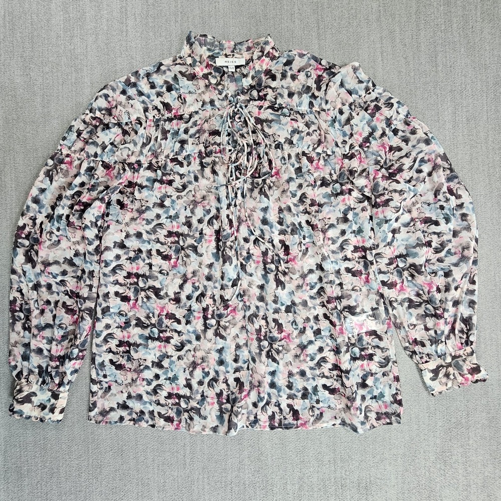 REISS Talia Floral Print Blouse Women's Size 6 Pink Beige Gray Ruffle‎ Trim
